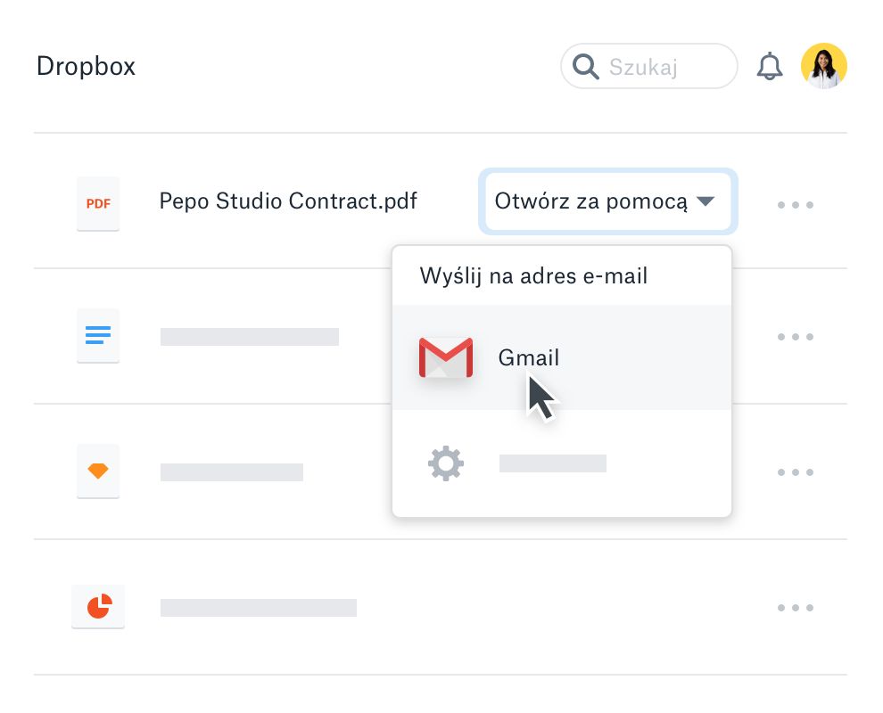 Użytkownik udostępniający plik Dropbox w usłudze Gmail