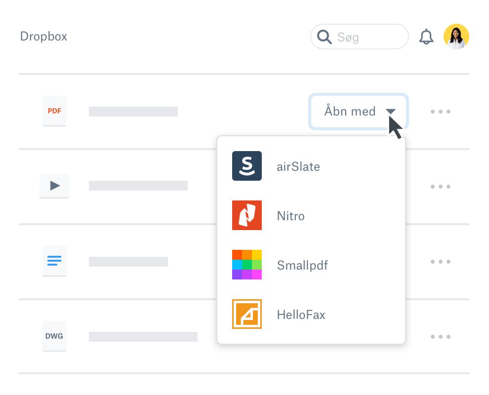 Brugeren åbner et dokument i Dropbox ved hjælp af en af flere app-udvidelser, herunder airSlate, Nitro, Smallpdf og HelloFax