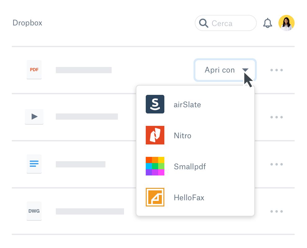 Utente che apre un documento in Dropbox utilizzando una delle numerose estensioni dell'app, comprese airSlate, Nitro, Smallpdf e HelloFax