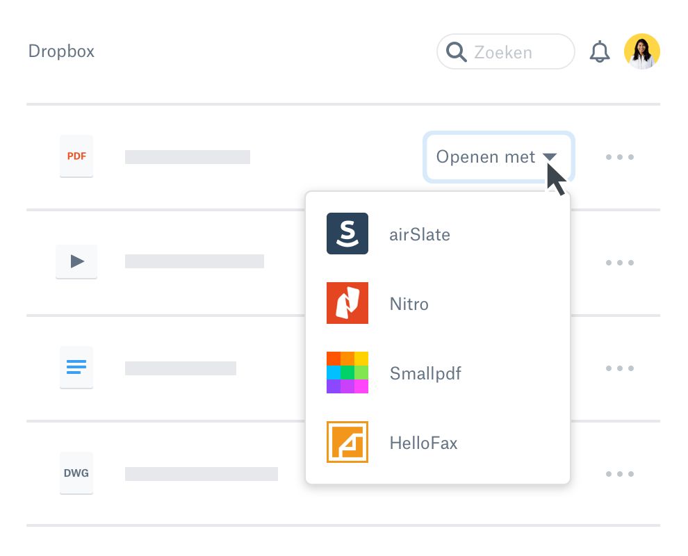 Gebruiker opent een document in Dropbox met een van de app-extensies, zoals airSlate, Nitro, Smallpdf en HelloFax.