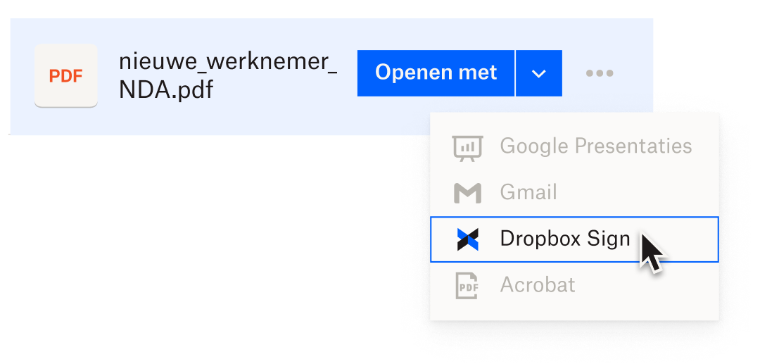 Een gebruiker opent een pdf van een nieuwe kandidaat in Dropbox en selecteert Dropbox Sign in een lijst