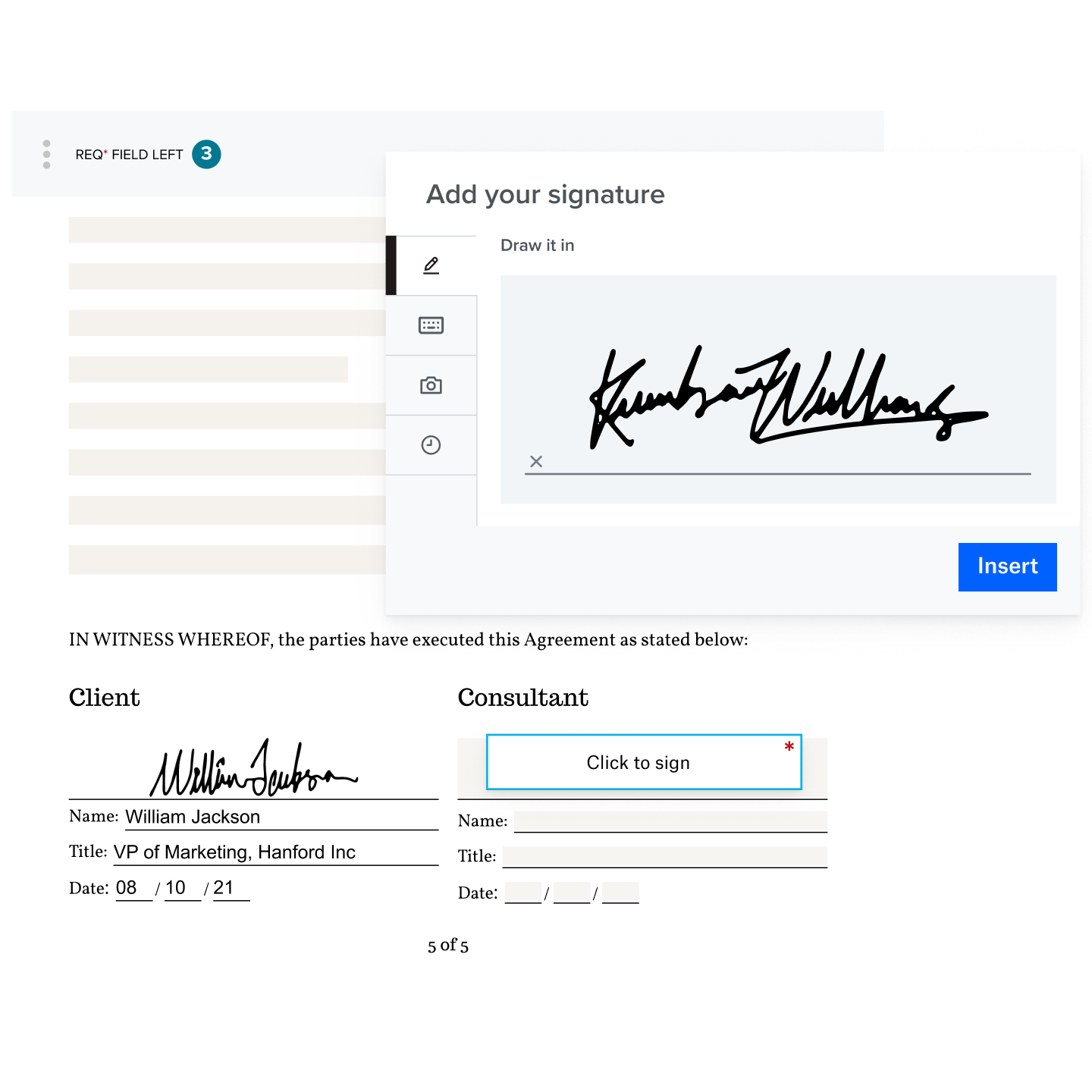 The HelloSign signer experience showing a document with signature fields ready to be completed and a modal with a signature being created.