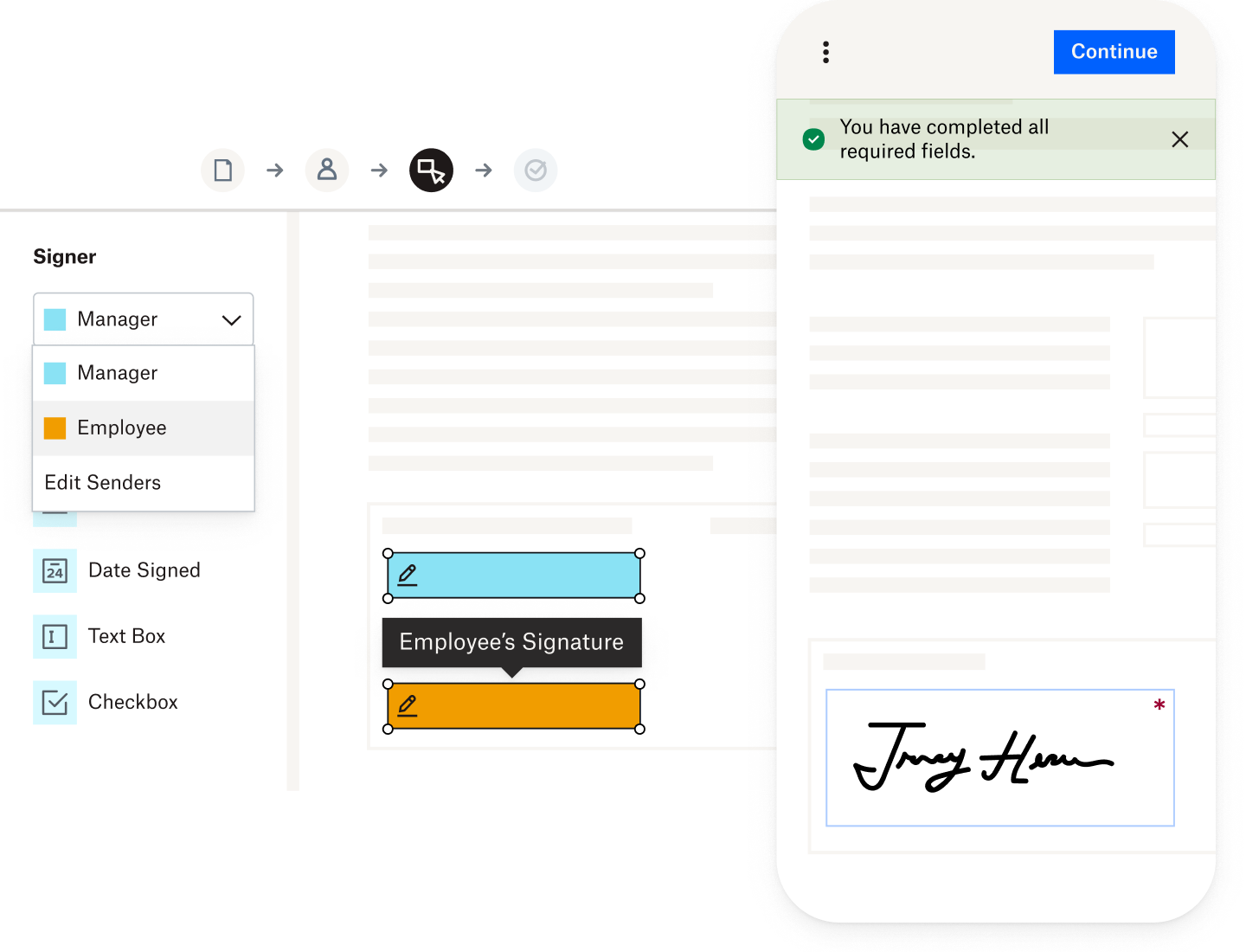The HelloSign mobile app showing a signature field being added to a document. A modal shows the two signers who will complete the document.