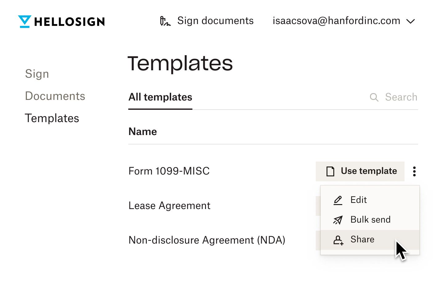 The HelloSign templates page with three document templates ready to be used. A cursor hovers over the first one.