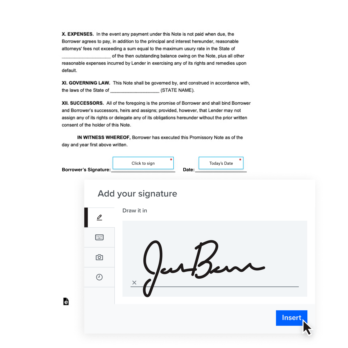 A handwritten digital signature being added to a contract
