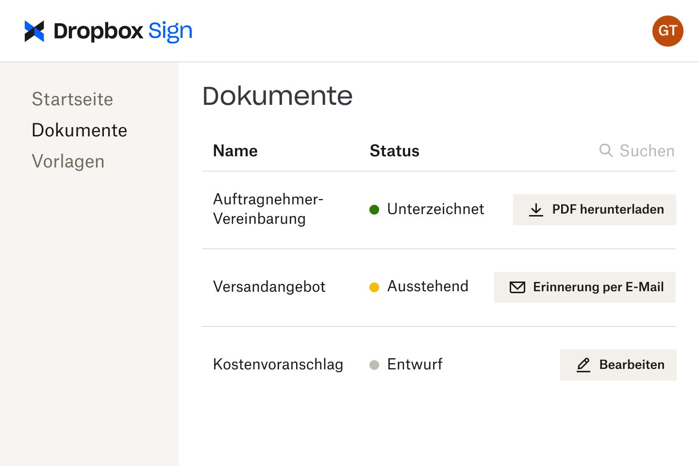 Dokumente in der Dropbox Sign-Oberfläche in verschiedenen Überprüfungsphasen