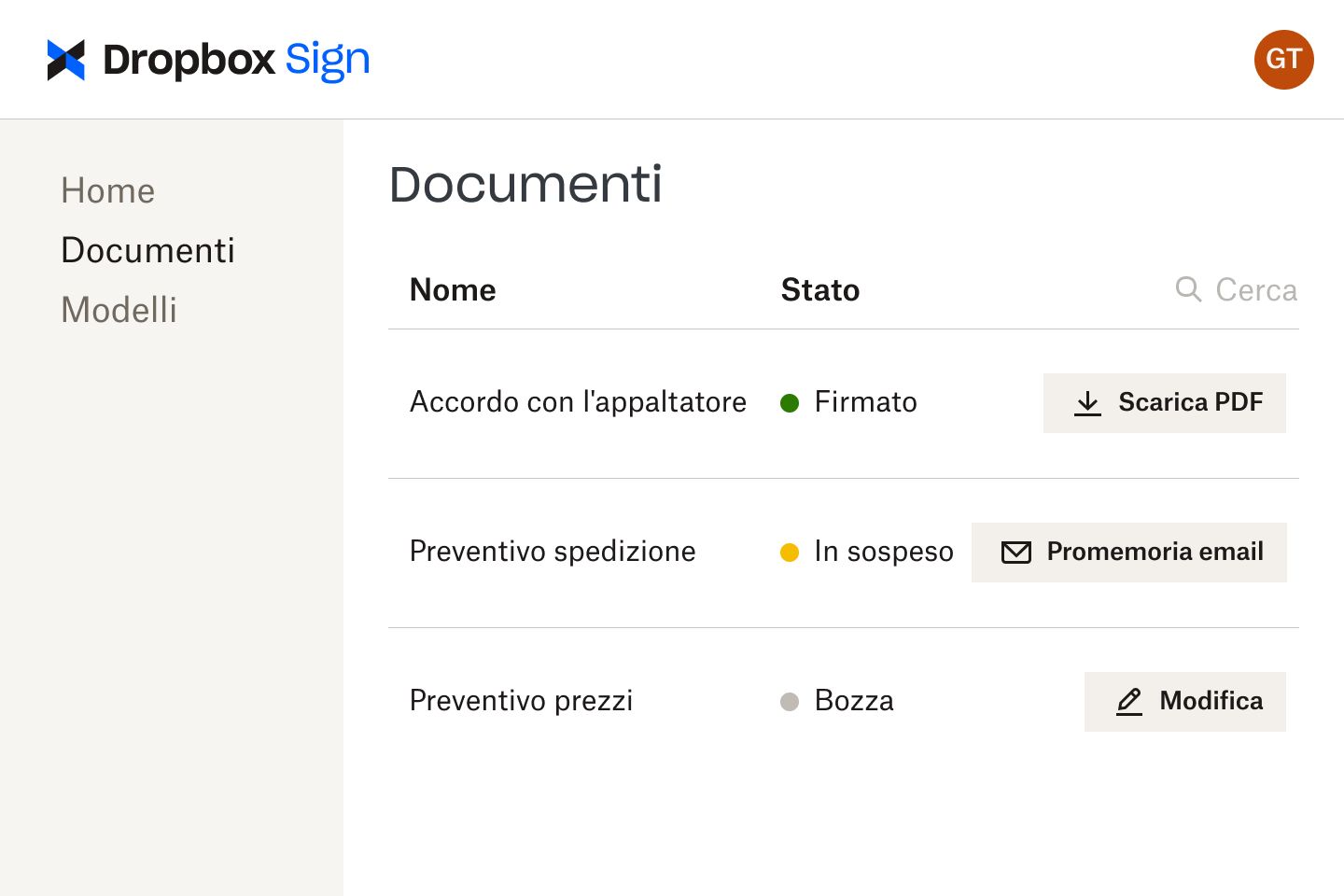 Documenti nell'interfaccia di Dropbox Sign in varie fasi del processo di revisione