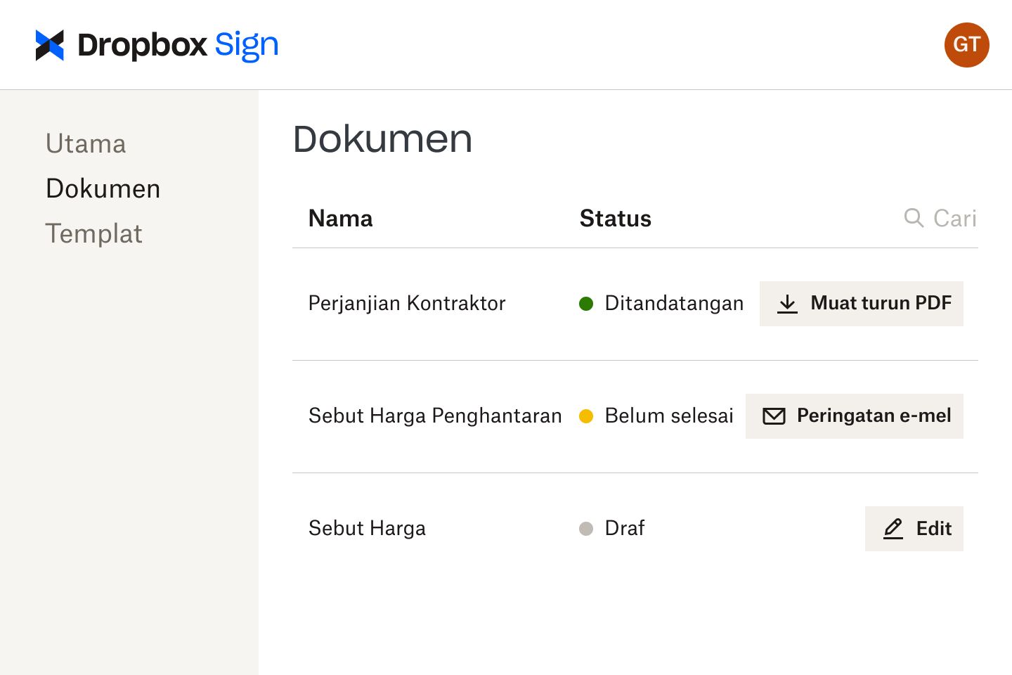 Dokumen dalam antara muka Dropbox Sign pada pelbagai peringkat semakan