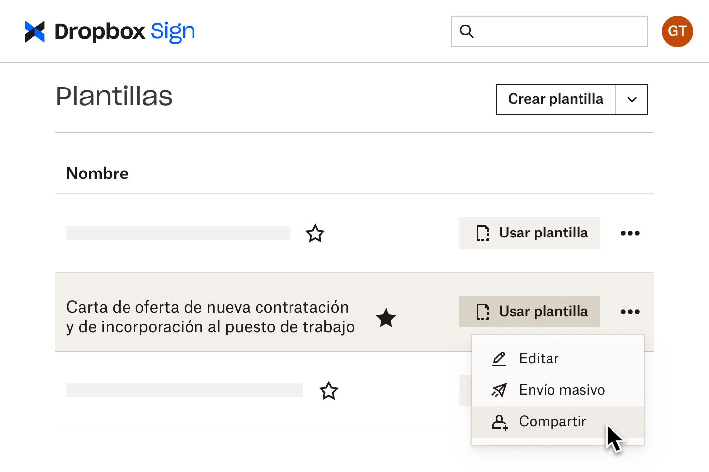 Un usuario hace clic en el botón “Compartir” de una plantilla de incorporación en Dropbox Sign