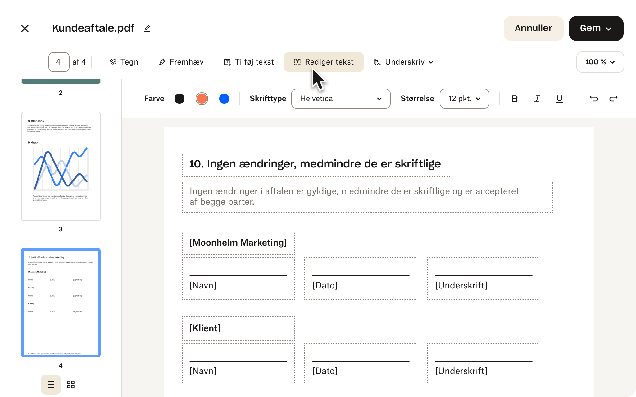 PDF-editor, der viser en kundeaftale med underskriftsfelter, muligheder for tekstredigering og knapper til at gemme eller annullere ændringer.