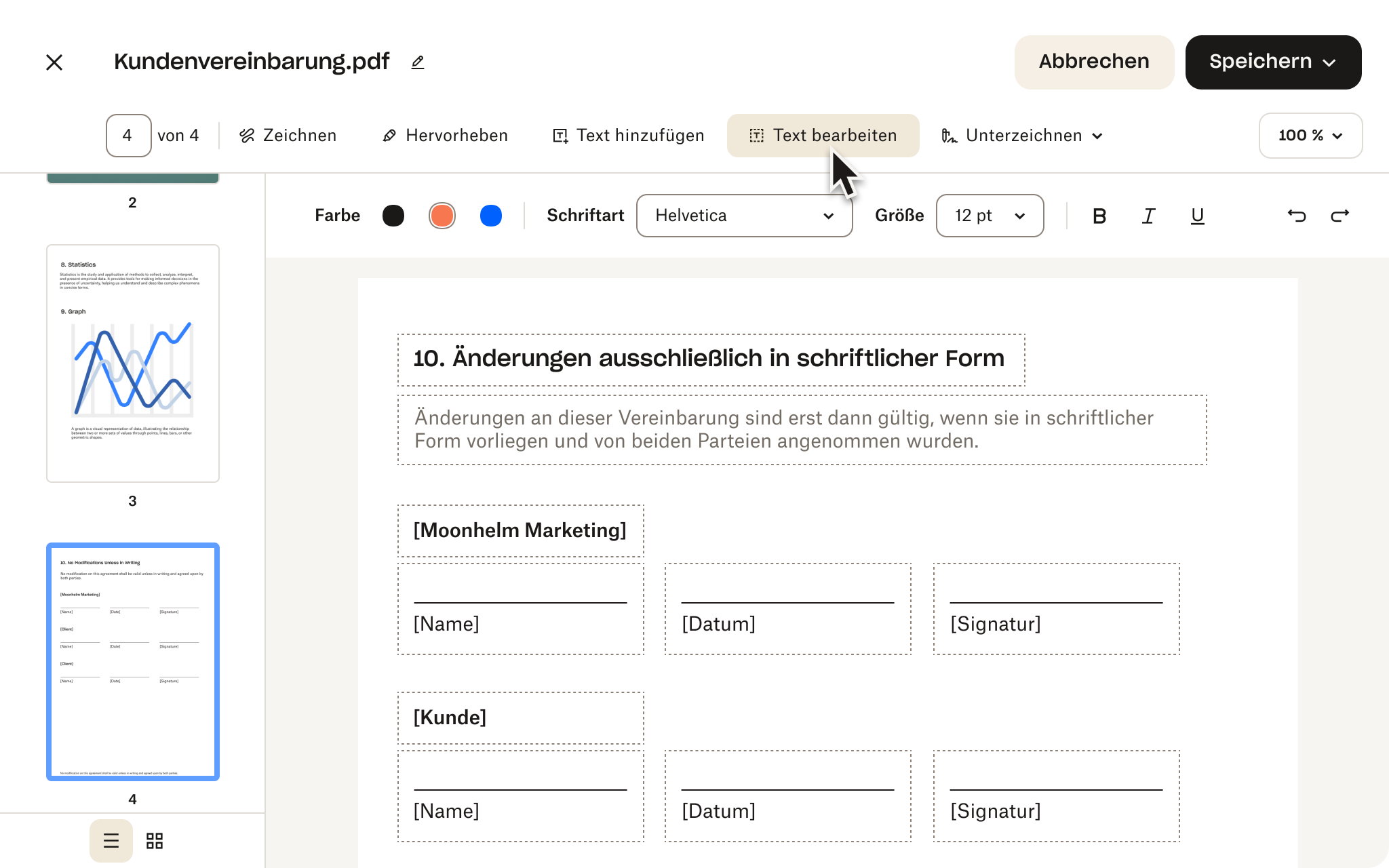 PDF-Editor, in dem eine Kundenvereinbarung mit Signaturfeldern, Textbearbeitungsoptionen und Schaltflächen zum Speichern oder Verwerfen von Änderungen anzeigt werden.