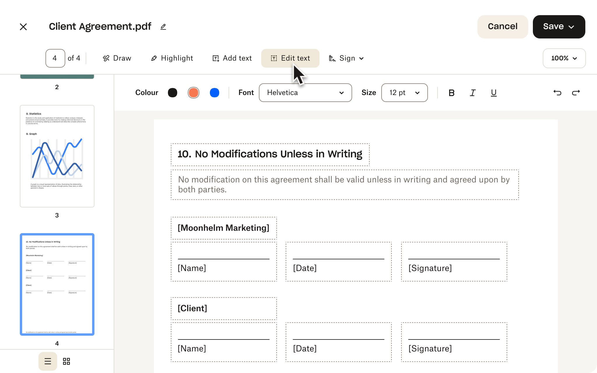 PDF editor showing a client agreement with signature fields, text editing options and buttons to save or cancel changes.