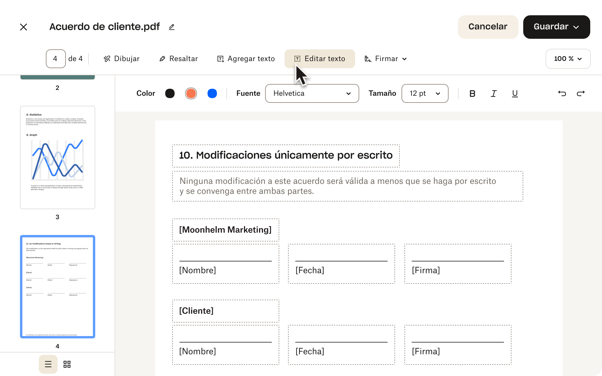 Editor de PDF que muestra un acuerdo del cliente con campos de firma, opciones de edición de texto y botones para guardar o cancelar cambios.