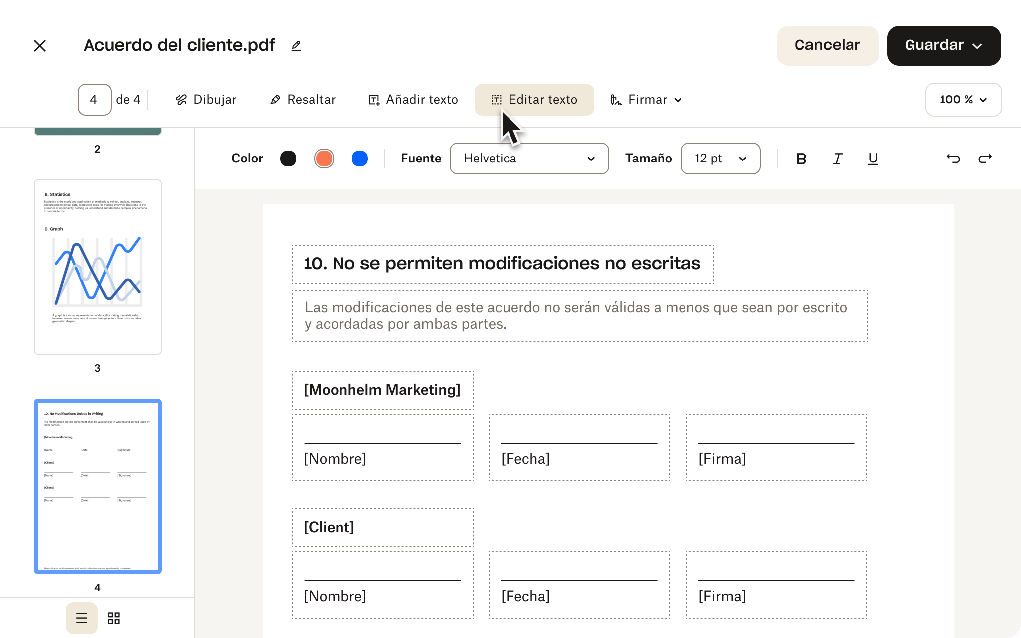 Editor de PDF que muestra un contrato con un cliente con campos de firma, opciones de edición de texto y botones para guardar o cancelar cambios.