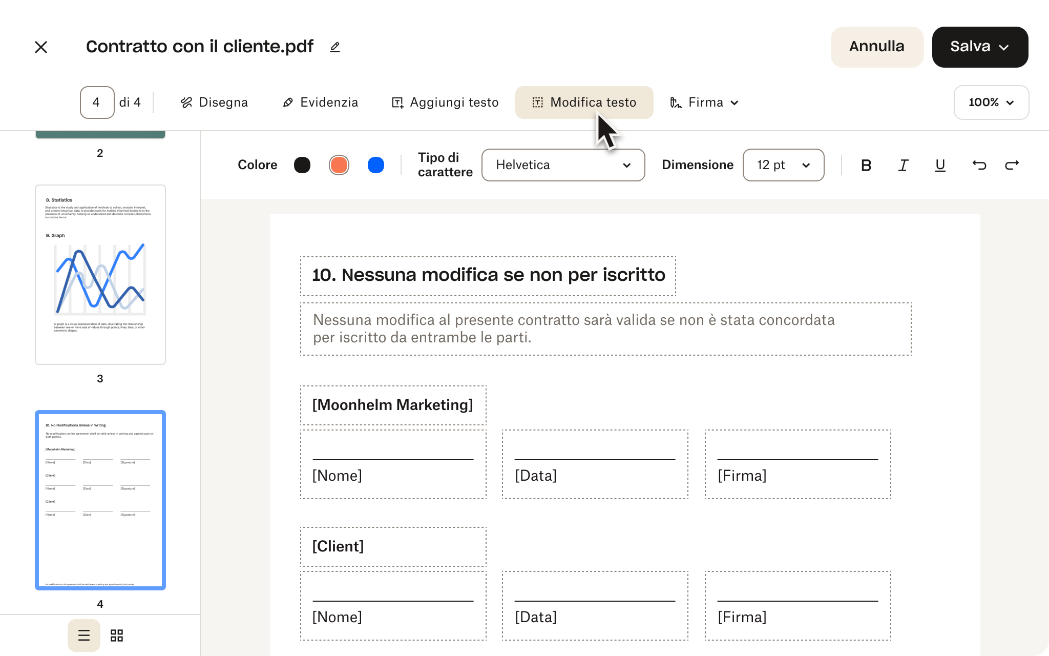 Editor PDF che mostra un accordo con il cliente con campi per la firma, opzioni di modifica del testo e pulsanti per salvare o annullare le modifiche.