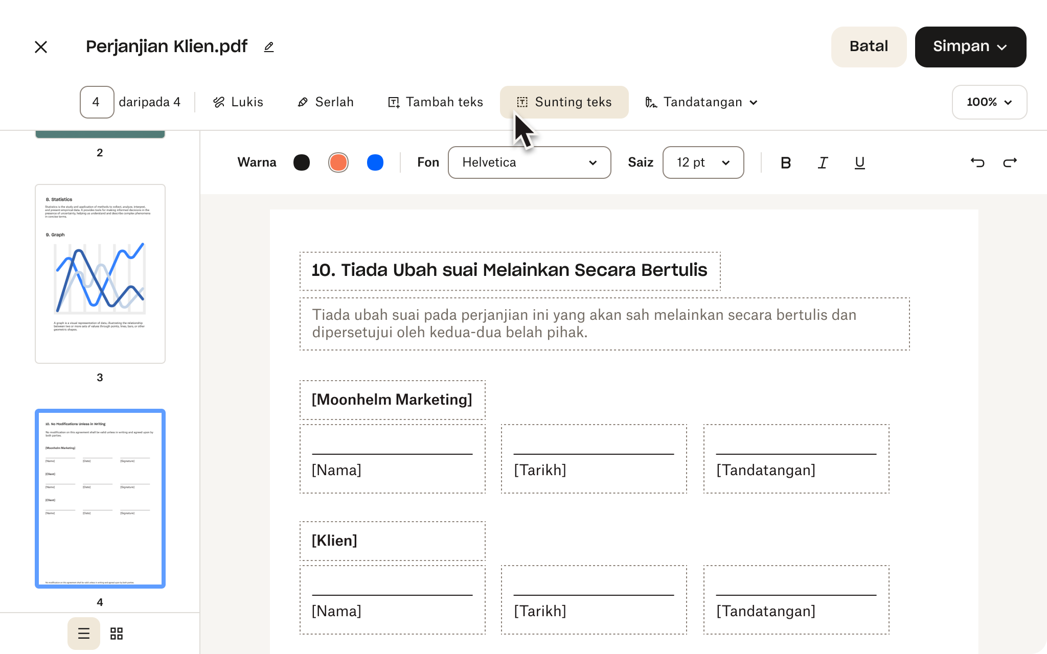 Editor PDF memaparkan perjanjian klien berserta medan tandatangan, pilihan penyuntingan teks dan butang untuk menyimpan atau membatalkan perubahan.