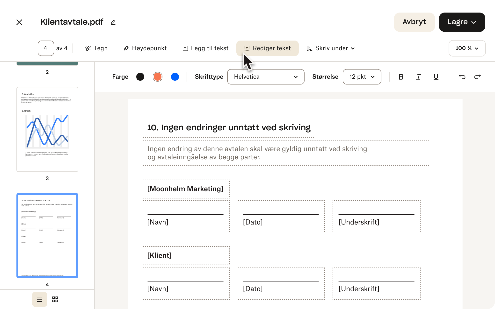 PDF-redigeringsprogram som viser en klientavtale med signaturfelt, tekstredigeringsalternativer og knapper for å lagre eller avbryte endringer.