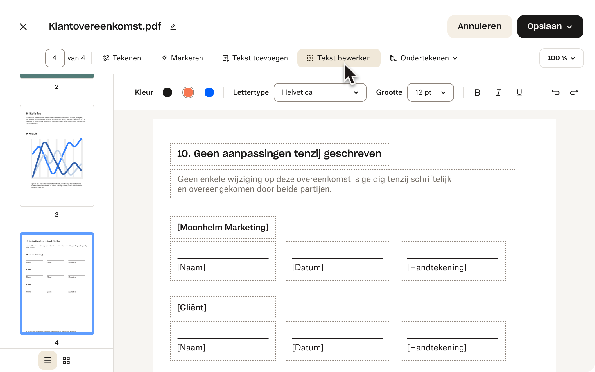 Pdf-editor waarin een overeenkomst met een klant zichtbaar is, met handtekeningvelden, tekstbewerkingsopties en knoppen om wijzigingen op te slaan of te annuleren.