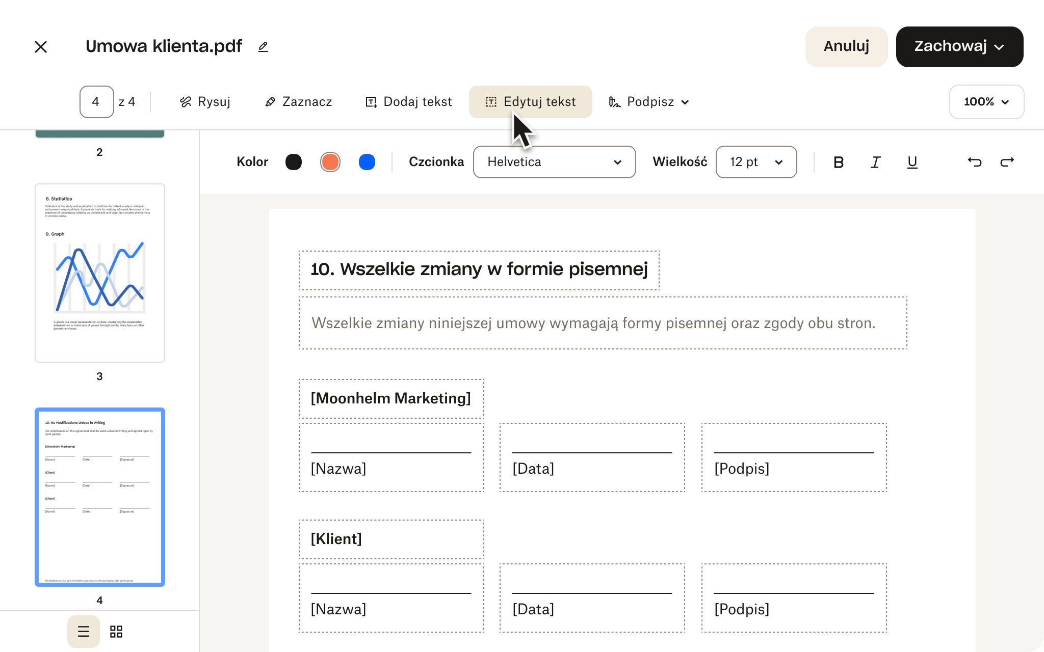 Edytor PDF przedstawiający umowę z klientem z polami do podpisu, opcjami edycji tekstu i przyciskami do zapisywania lub anulowania zmian.