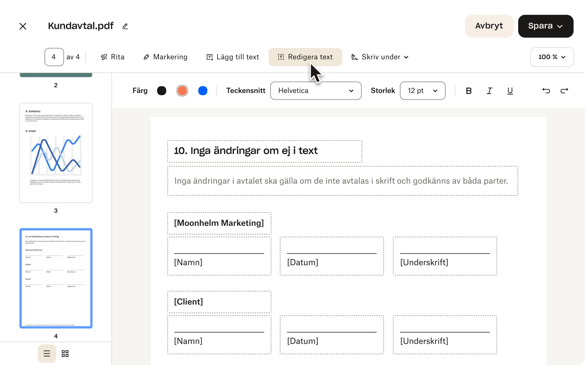 PDF-redigerare som visar ett klientavtal med signaturfält, textredigeringsalternativ och knappar för att spara eller avbryta ändringar.