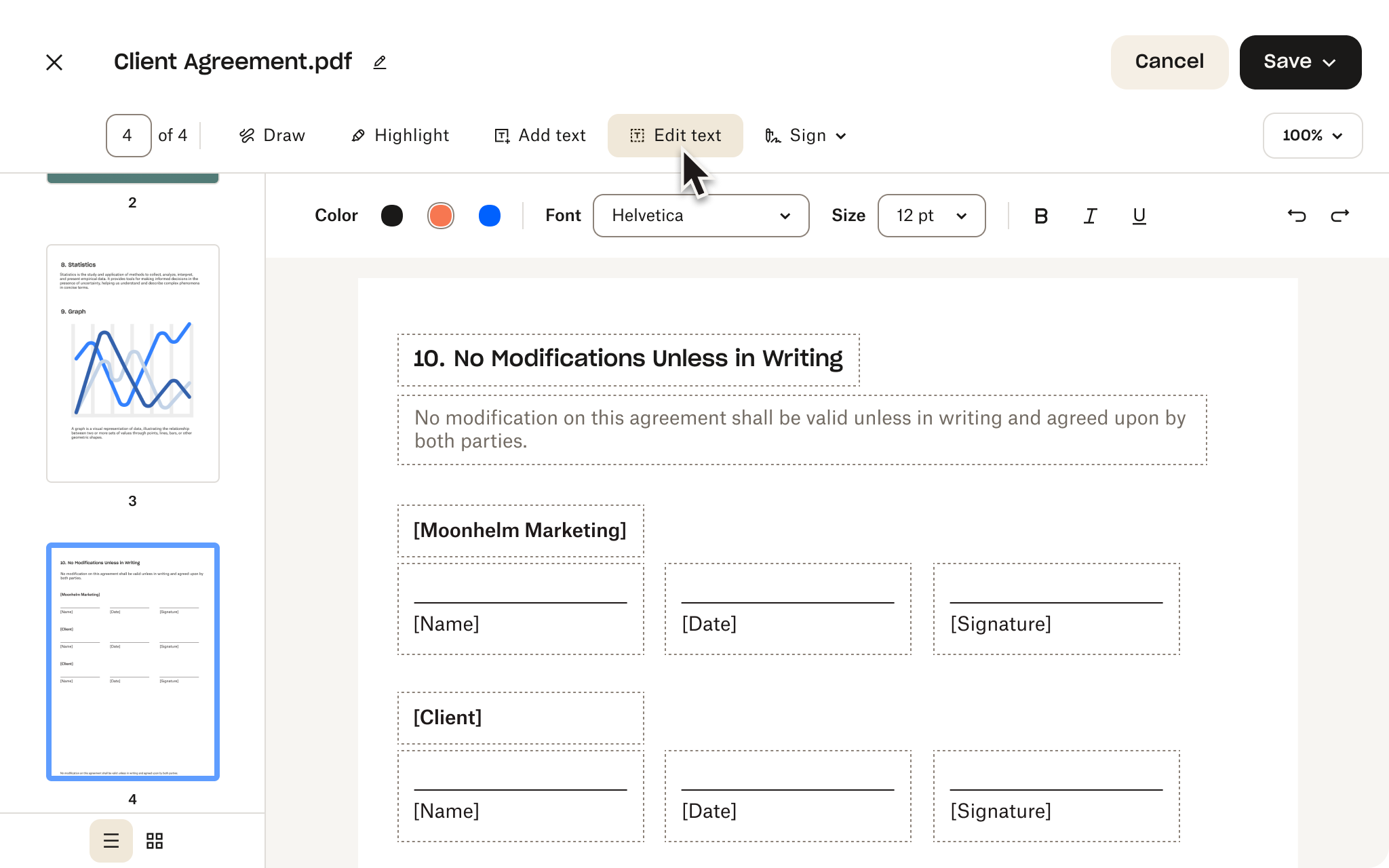 PDF editor showing a client agreement with signature fields, text editing options, and buttons to save or cancel changes.