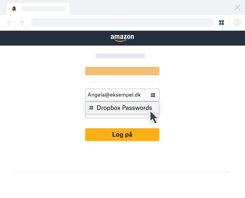 Dropbox' adgangskodeadministrator udfylder automatisk siden med kontologin på Amazon