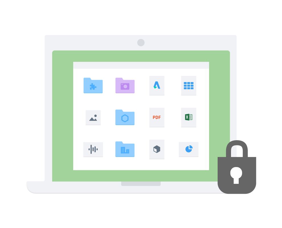 Padlock symbol overlaying a 3 by 4 grid of folders and icons