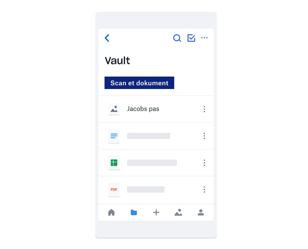 Den mobile grænseflade til Dropbox Vault, der inkluderer en blå knap mærket “scan et dokument” og flere forskellige filtyper, der er gemt i Vault.