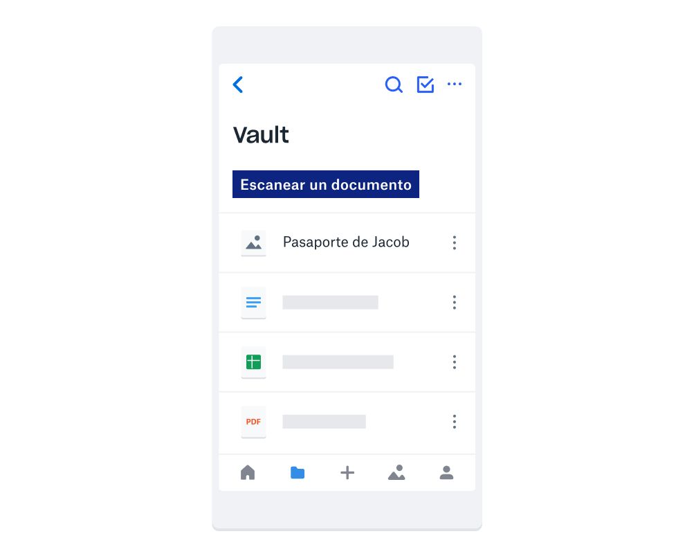 La interfaz móvil de Dropbox Vault que incluye un botón azul con la etiqueta &quot;escanear un documento&quot; y varios tipos de archivos diferentes guardados en Vault.
