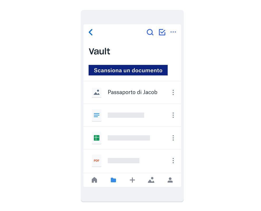 L'interfaccia mobile di Dropbox Vault che include un pulsante blu contrassegnato con &quot;scansiona un documento&quot; e numerosi tipi diversi di file salvati in Vault.