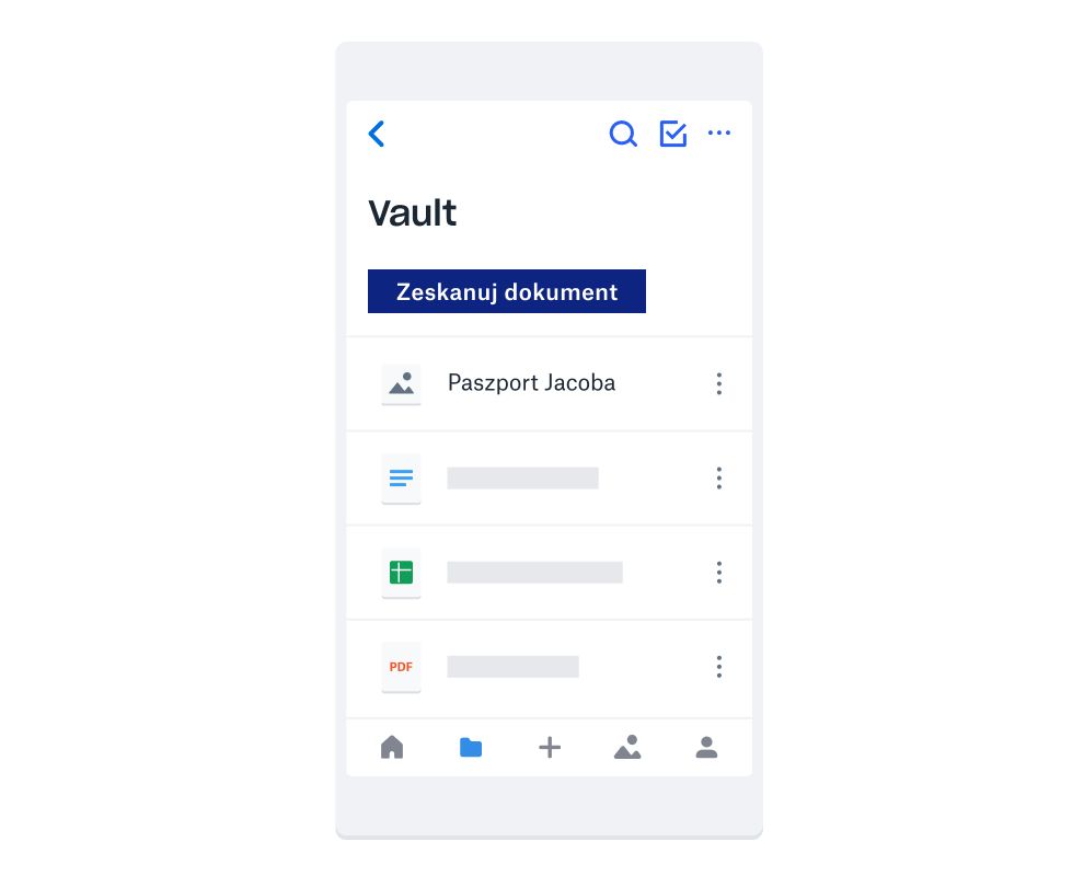 Interfejs Dropbox Vault na urządzeniu mobilnym z niebieskim przyciskiem „skanuj dokument” i kilkoma różnymi typami plików, które są zapisywane w Vault.