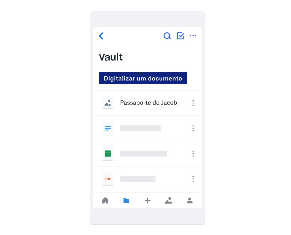 A interface de dispositivo móvel do Dropbox Vault que inclui um botão azul chamado &quot;Digitalizar um documento&quot; e vários tipos de arquivos diferentes salvos no Vault.