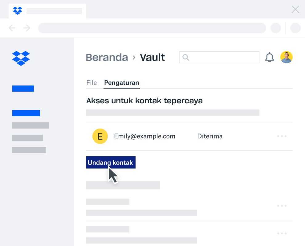 Seorang pengguna mengundang orang tepercaya lainnya untuk mengakses akun Dropbox Vault mereka