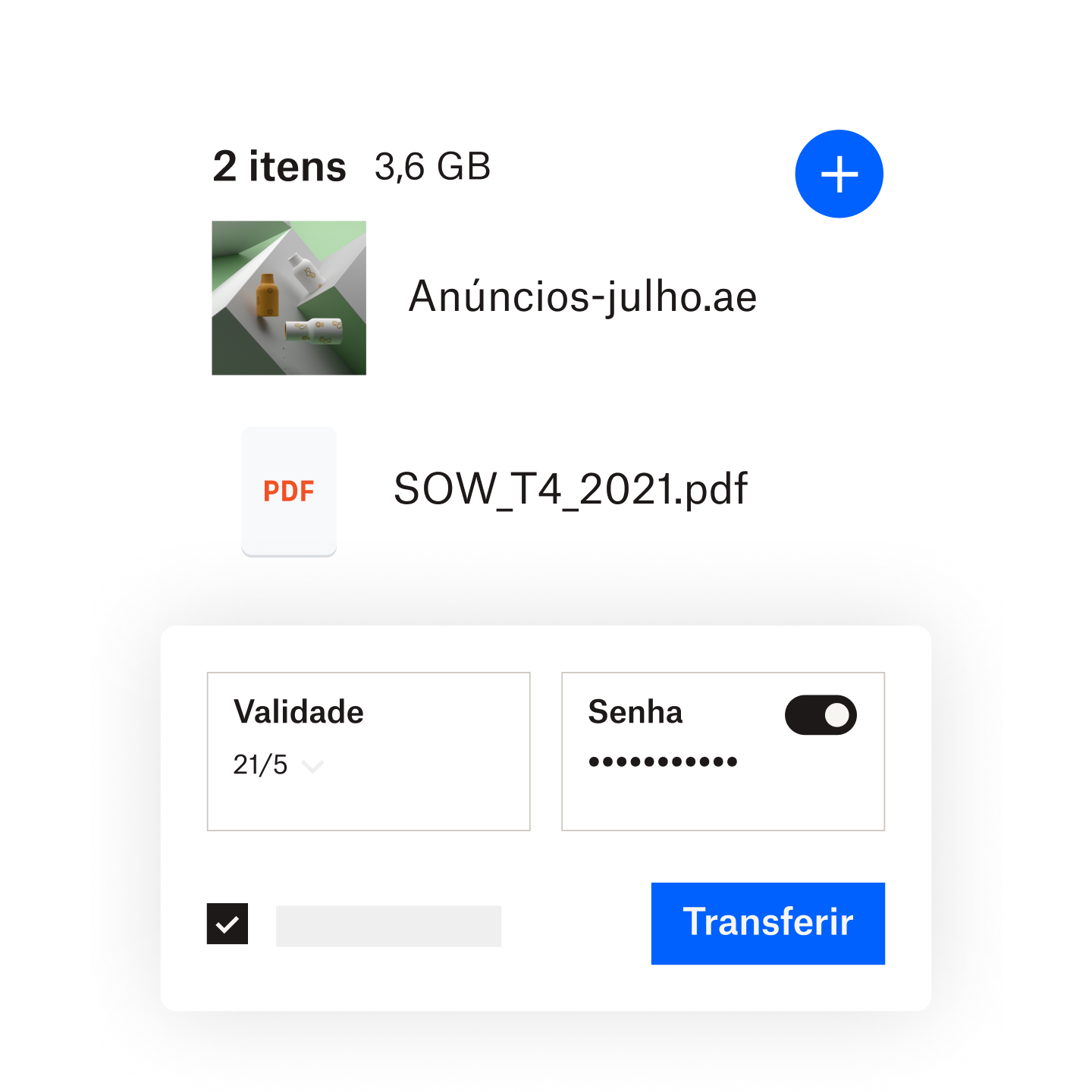 Um usuário adicionando uma senha e um prazo de validade a um arquivo compartilhado via Dropbox Transfer