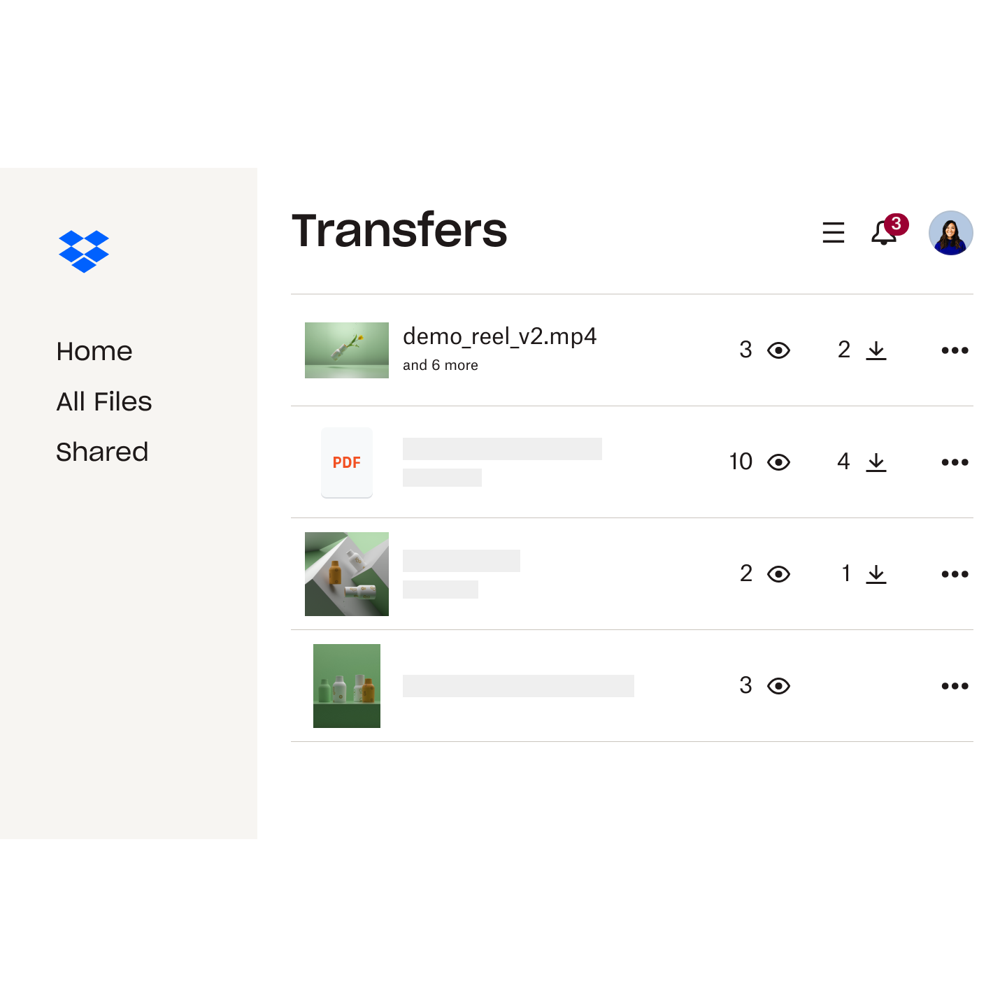 A list of files in Dropbox Transfer, each with a view and download counts.