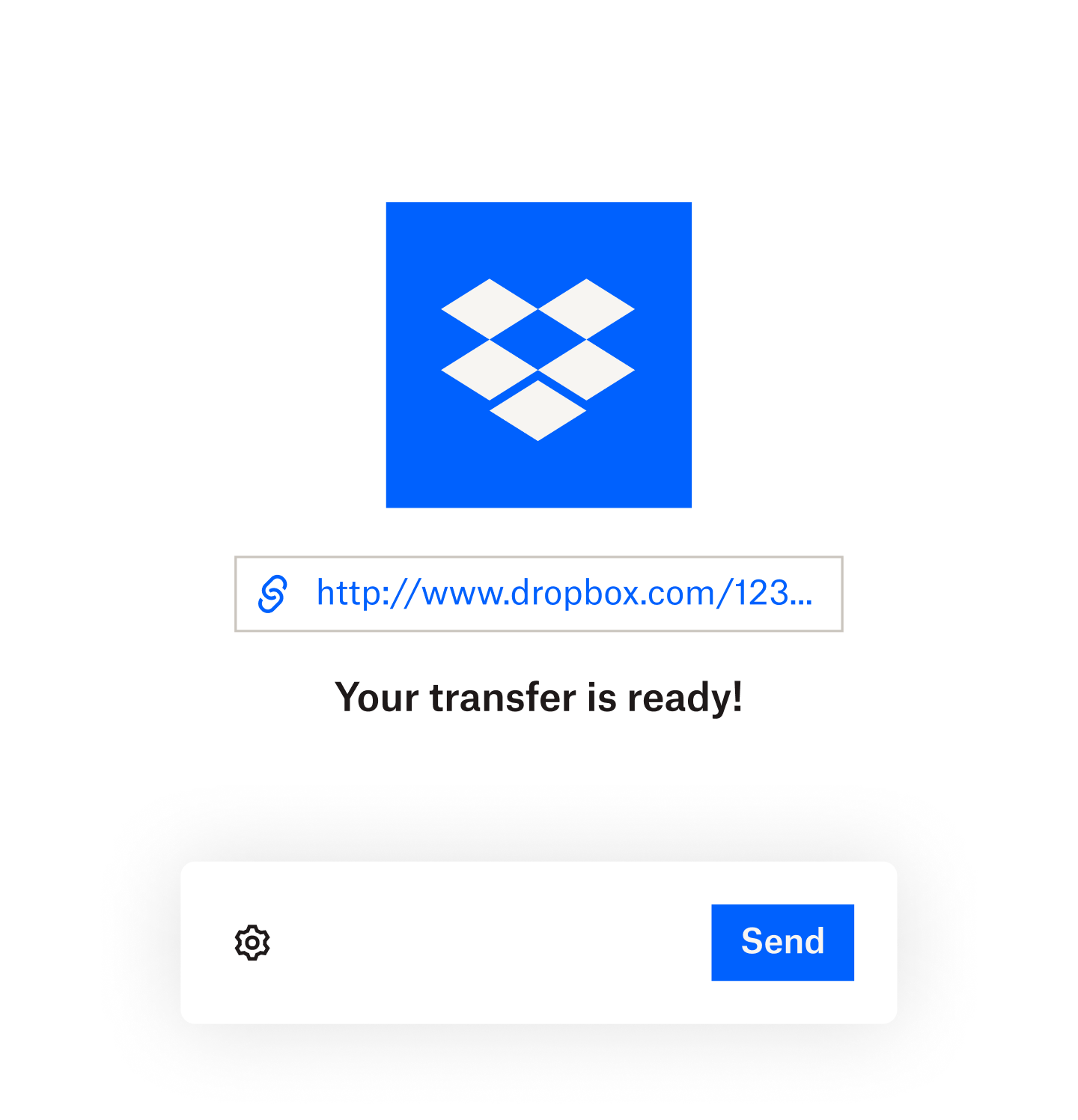 A message that a Dropbox Transfer is ready above a completed progress bar and a mouse hovering above a send button.