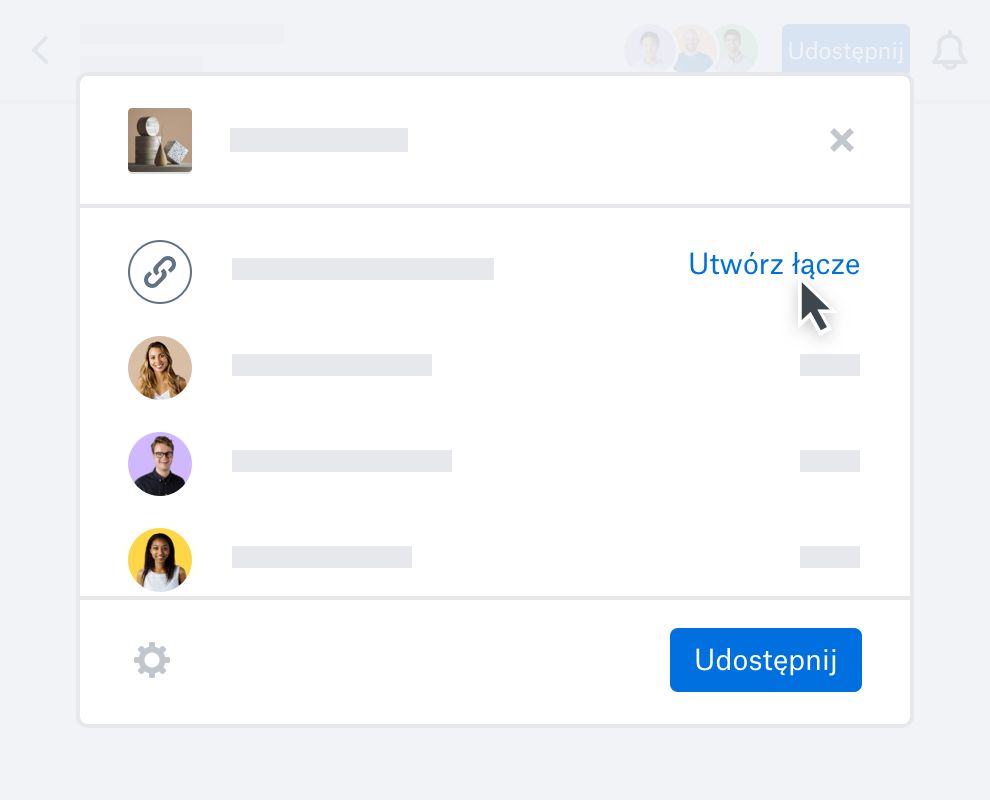 Użytkownik klikający przycisk „Utwórz łącze” w celu udostępnienia pliku