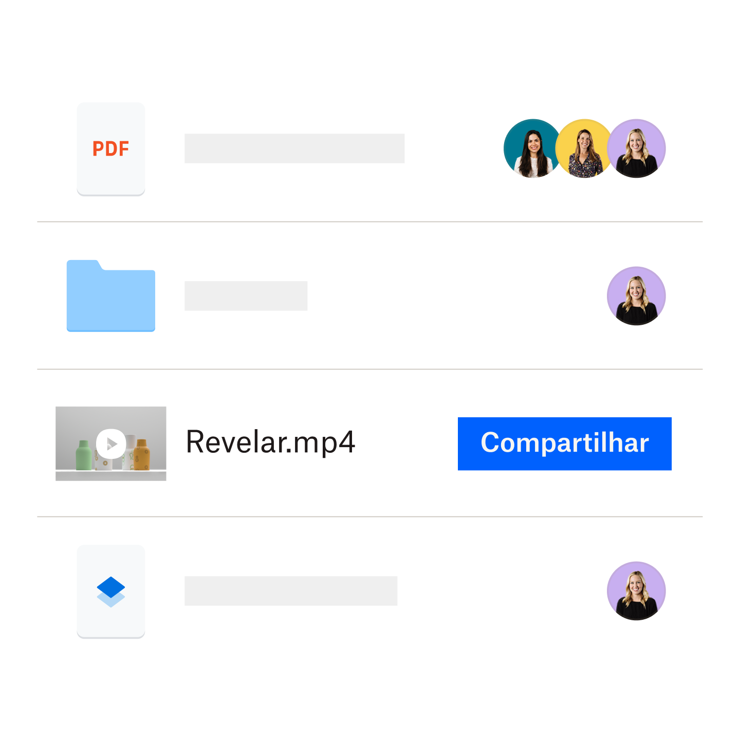 Uma visualização de arquivos e vídeos salvos em uma pasta do Dropbox que podem ser facilmente compartilhados.