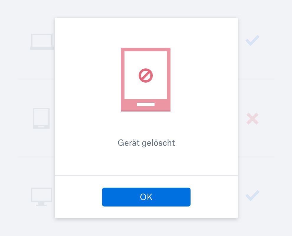 Ein Meldungsfeld, das bestätigt, dass das Gerät gelöscht wurde