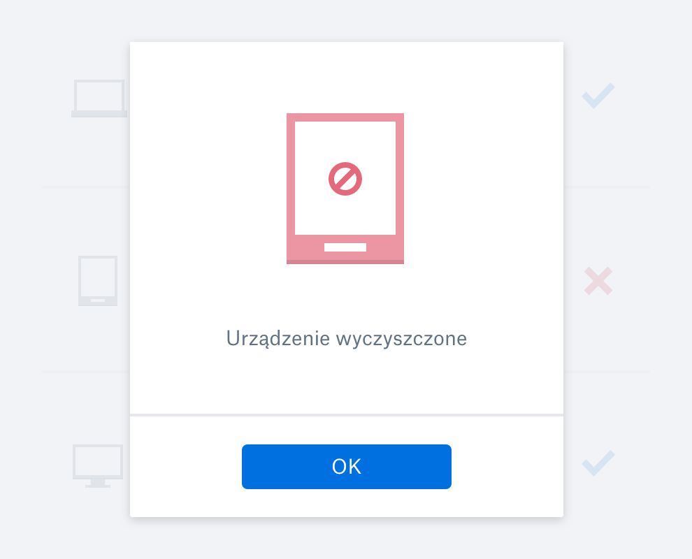 Okno komunikatu potwierdzającego wyczyszczenie danych z urządzenia