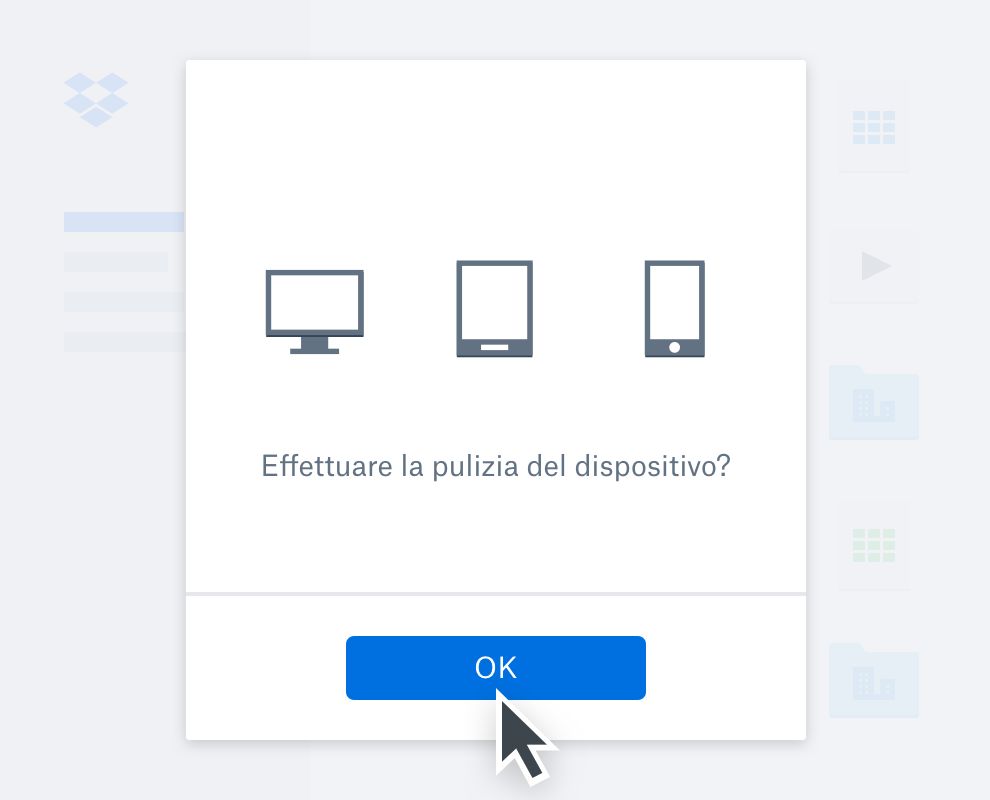 Una finestra di messaggio che chiede a un utente di confermare se desidera cancellare i dati dei dispositivi.