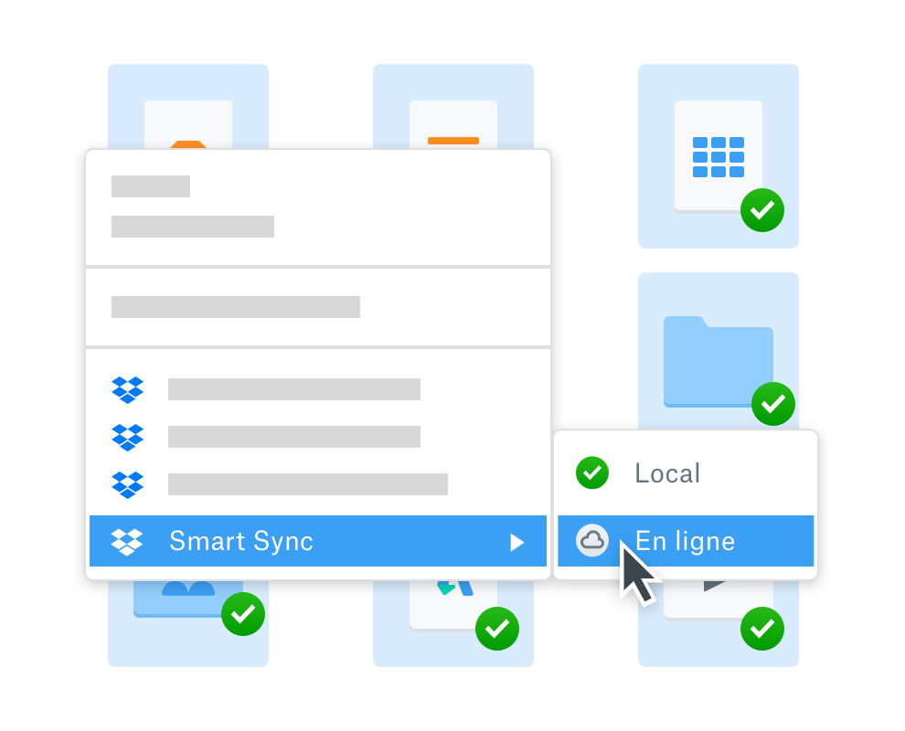 Utilisateur sélectionnant l'option d'accès en ligne pour un dossier à l'aide de Dropbox Smart Sync afin d'économiser de l'espace