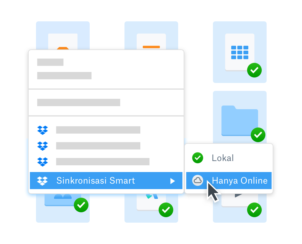 Pengguna sedang memilih akses folder online menggunakan Dropbox Smart Sync untuk menghemat ruang