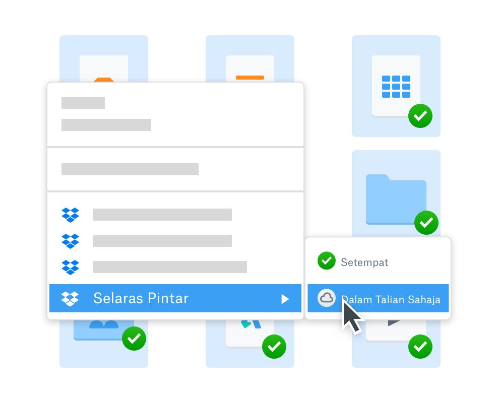 Pengguna memilih akses online folder menggunakan Penyelarasan Pintar Dropbox untuk menjimatkan ruang