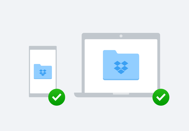 Laptop dan perangkat mobile dengan ikon folder dan tanda centang hijau