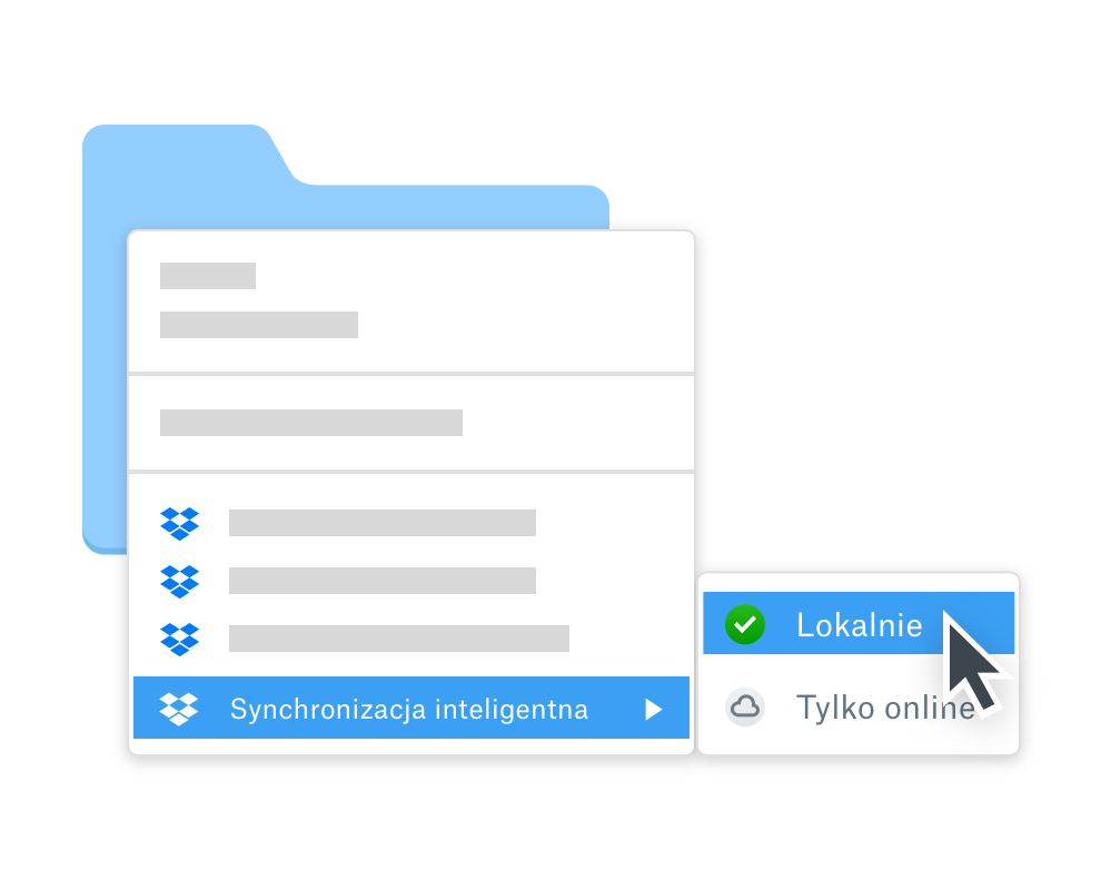 Użytkownik wybiera dostęp do folderów w trybie offline za pomocą funkcji Dropbox SmartSync, aby pracować w trybie offline