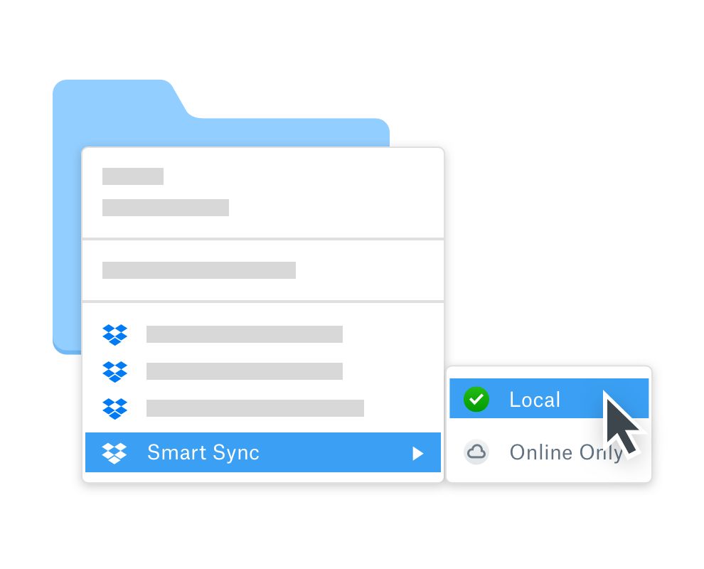 User selecting offline folder access using Dropbox Smart Sync to work offline