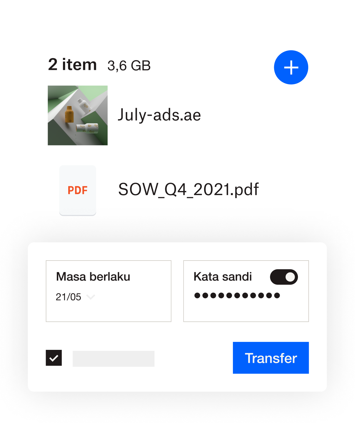 Antarmuka Dropbox tempat tanggal kedaluwarsa dan kata sandi dapat ditambahkan ke file
