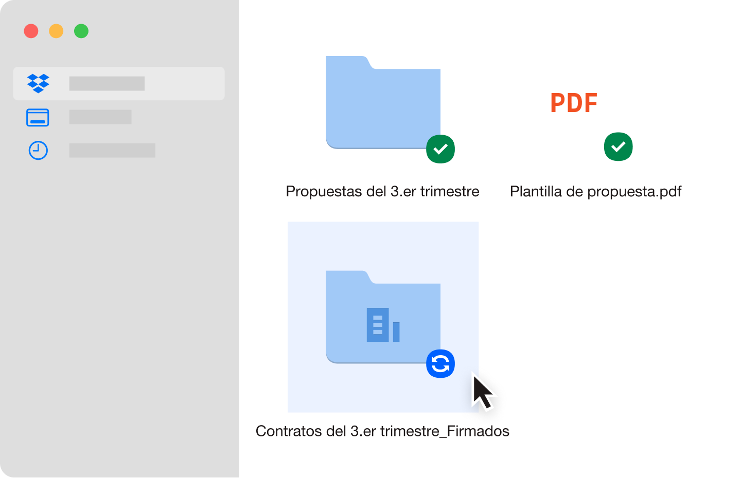 Dos carpetas de archivos azules y un archivo PDF que se sincronizó en una cuenta de Dropbox