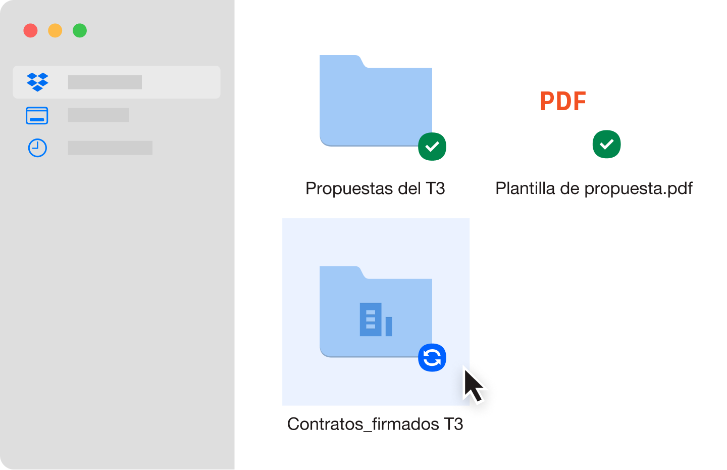 Dos carpetas de archivos en color azul y un archivo PDF se han sincronizado en una cuenta de Dropbox